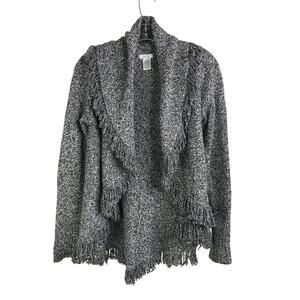 Cache Cardigan Womens Size XS Black / White Weave Fringe Hem Long Sleeve Drapey